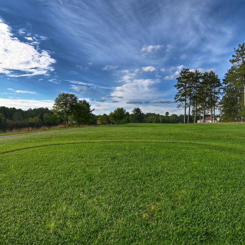 A golf course tee with green grass, two red markers, and trees in the background under a partly cloudy sky.
