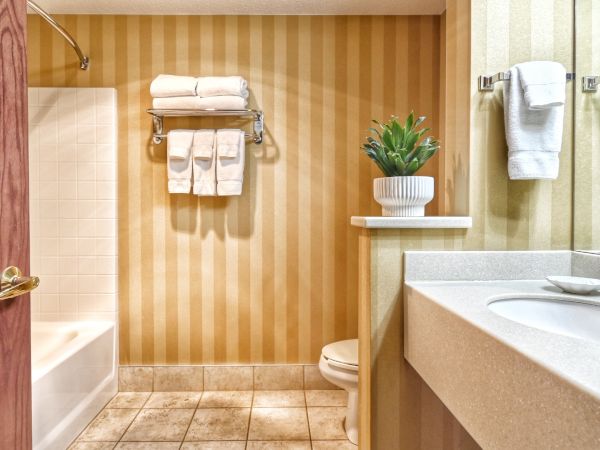 A clean bathroom with striped wallpaper, a shower-tub combo, towels on racks, a countertop with a sink, and a potted plant.
