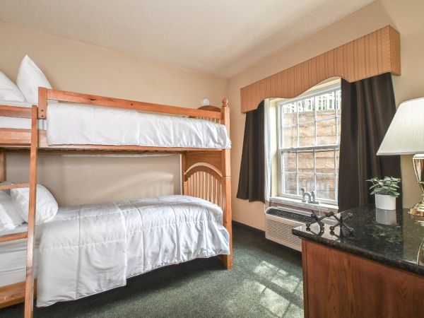 A cozy bedroom with a wooden bunk bed, a window with curtains, a small desk with a lamp, and a potted plant. The room has carpeted flooring.