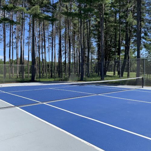 A blue outdoor tennis court surrounded by tall trees and a chain-link fence on a sunny day.