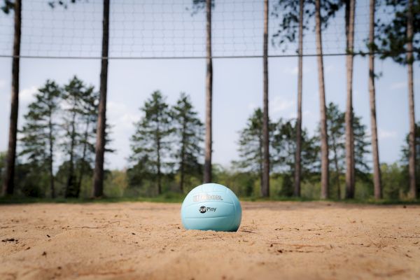 A blue volleyball lies in the sand in front of a net, surrounded by tall trees with a clear sky in the background.