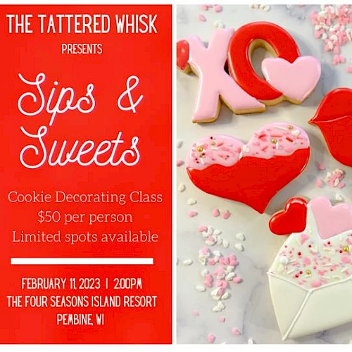 An event poster showing a cocktail, cookie decorating details, and Valentine's-themed cookies like hearts and lips.