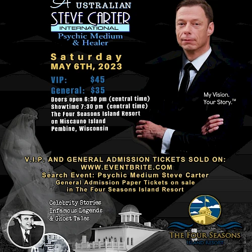 This image is a poster for a gallery reading event featuring "Australian Steve Carter," a psychic medium and healer, scheduled for May 6th, 2023.