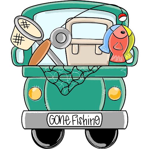 A cartoon of a green truck with fishing gear, including a net, rod, tackle box, and fish, with “Gone Fishing” written on the back of the truck.