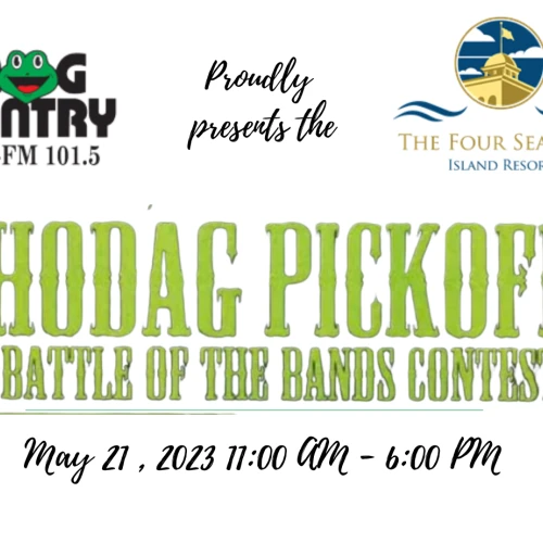 The image advertises the "Hodag Pickoff Battle of the Bands Contest" on May 21, 2023, from 11:00 AM to 6:00 PM, presented by WJNR-FM and The Four Seasons Island Resort.