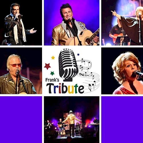 The image features a collage of five singers performing, with "Frank's Tribute" and a microphone logo in the center.