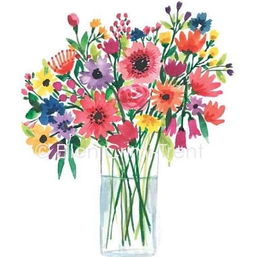 A colorful bouquet of various flowers in a clear vase, featuring pink, orange, yellow, and purple blooms with green leaves.
