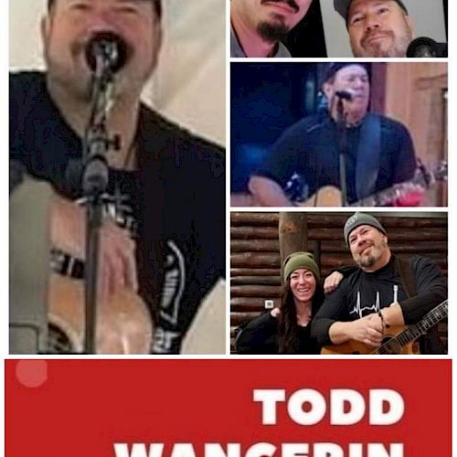 A collage of four images featuring a man playing guitar and interacting with others. Text at the bottom reads "TODD WANGERIN PROJECT."