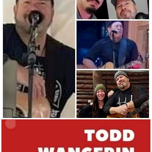 A collage of four images featuring a man playing guitar and interacting with others. Text at the bottom reads "TODD WANGERIN PROJECT."