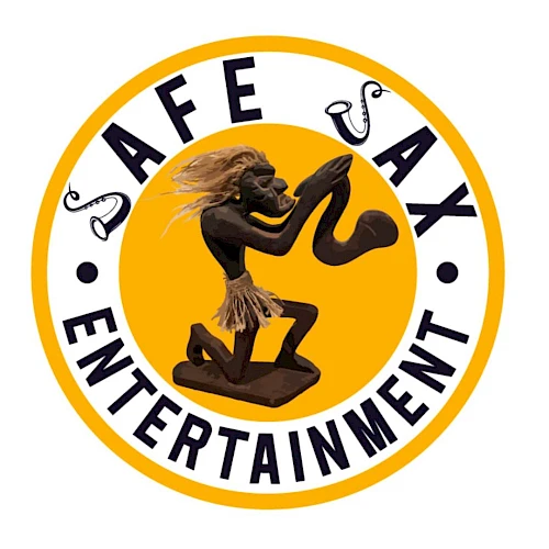 A logo for "Safe Sax Entertainment" featuring a figure playing a saxophone in the center of a yellow circle, with text around the edge.