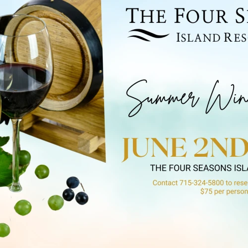The image shows an advertisement for a Summer Wine Dinner on June 2nd at 7 PM at The Four Seasons Island Resort, priced at $75 per person.