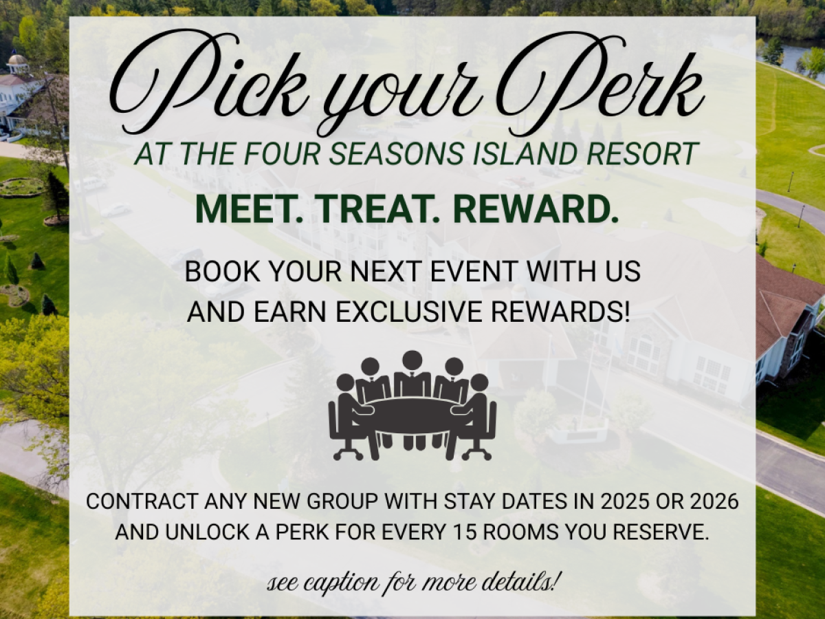 Promotional poster for Four Seasons Island Resort offering rewards for event bookings and room reservations in 2025 or 2026.