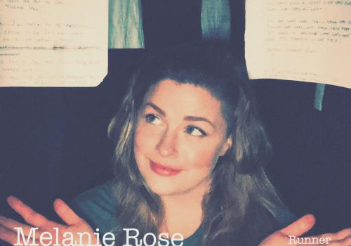 A person is shrugging with two papers in the background. Text reads "Melanie Rose" and "Runner." The person has a slight smile and appears casual.