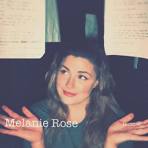 A person is shrugging with two papers in the background. Text reads "Melanie Rose" and "Runner." The person has a slight smile and appears casual.