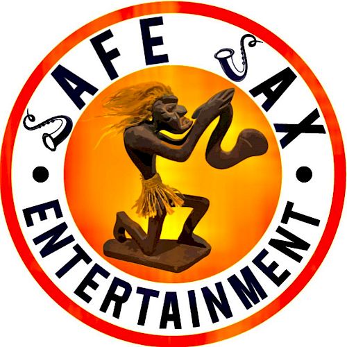 The image shows a logo for "SAFE SAX ENTERTAINMENT" featuring a wooden figure playing a saxophone, surrounded by text and musical notes in a circle.