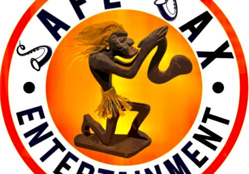 A logo with the text "SAFE SAX ENTERTAINMENT" surrounding an image of a figure playing a saxophone in front of an orange background.