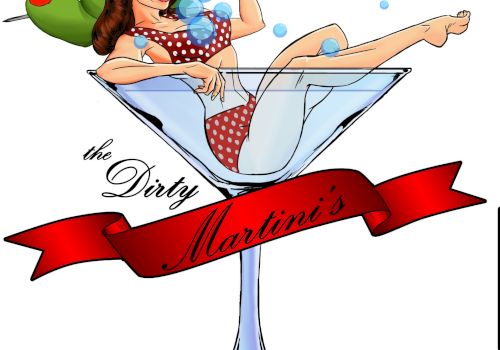 A woman in a red polka dot dress lounges in a martini glass with olives, with text "the Dirty Martini's" on a red ribbon beneath her.