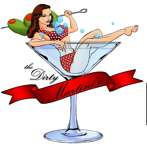 A woman in a red polka dot dress lounges in a martini glass with olives, with text "the Dirty Martini's" on a red ribbon beneath her.