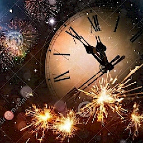 A New Year's celebration with fireworks, sparklers, two champagne glasses, and a clock showing midnight in the background.