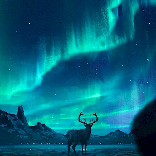 This image shows a deer standing in a mountainous landscape under a vibrant display of the Northern Lights in a starry night sky.