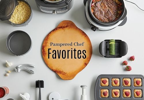 This image shows various kitchen gadgets and utensils arranged around a central text that reads "Pampered Chef Favorites."