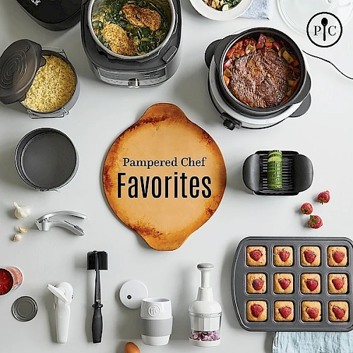 This image shows various kitchen gadgets and utensils arranged around a central text that reads "Pampered Chef Favorites."