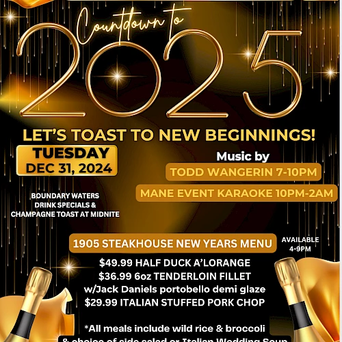 It's a New Year&rsquo;s Eve event poster for The Four Seasons Island Resort, featuring dinner options, live music, and karaoke on December 31, 2024.