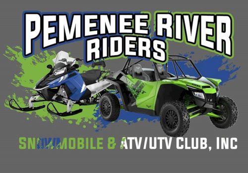 The image features a banner for "Pemenee River Riders Snowmobile & ATV/UTV Club, Inc." with a snowmobile and an ATV/UTV vehicle illustration.
