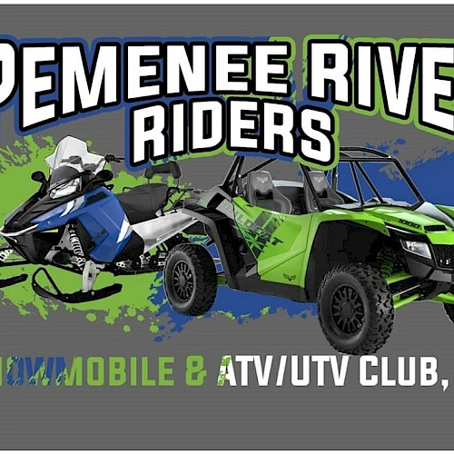 The image features a banner for "Pemenee River Riders Snowmobile & ATV/UTV Club, Inc." with a snowmobile and an ATV/UTV vehicle illustration.
