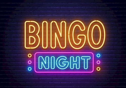 A neon sign displaying the words "BINGO NIGHT" with "BINGO" in orange and "NIGHT" in blue and pink, set against a brick wall background.