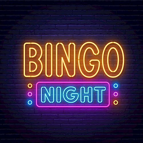 A neon sign displaying the words "BINGO NIGHT" with "BINGO" in orange and "NIGHT" in blue and pink, set against a brick wall background.