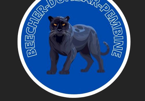 The image shows a logo with a black panther in the center, encircled by the text "BEECHER-DUNBAR-PEMBINE". Below the circle is the text "ALUMNI ASSOCIATION".