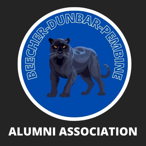 The image shows a logo with a black panther in the center, encircled by the text "BEECHER-DUNBAR-PEMBINE". Below the circle is the text "ALUMNI ASSOCIATION".