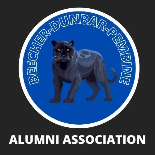 The image shows a logo with a black panther in the center, encircled by the text "BEECHER-DUNBAR-PEMBINE". Below the circle is the text "ALUMNI ASSOCIATION".