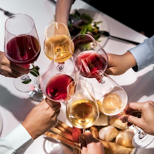 A group of people toasting with glasses of red and white wine at a table set with food, including salads and bread, from an overhead perspective.