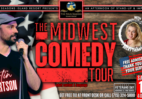This image promotes "The Midwest Comedy Tour" with Austin Robertson and Becky Thompson, featuring a show on Saturday, 11/9 at 4:00 PM.