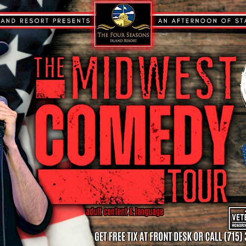 This image promotes "The Midwest Comedy Tour" with Austin Robertson and Becky Thompson, featuring a show on Saturday, 11/9 at 4:00 PM.