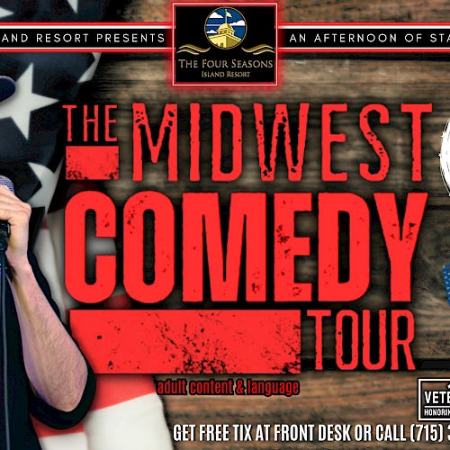 This image promotes "The Midwest Comedy Tour" with Austin Robertson and Becky Thompson, featuring a show on Saturday, 11/9 at 4:00 PM.