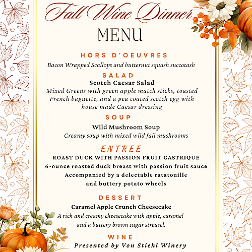 This image shows a "Fall Wine Dinner Menu" with hors d'oeuvres, salad, soup, entrée, dessert, and wine, adorned with autumn flowers.