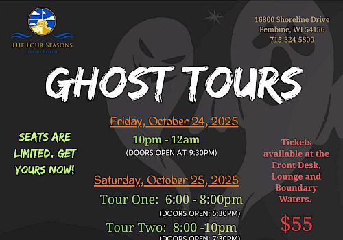 The image promotes "Ghost Tours" in October 2025, featuring paranormal activities and Fox Valley Ghost Hunters.