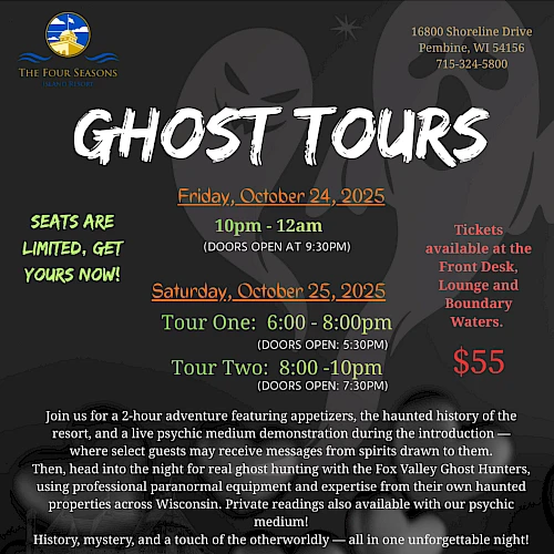 The image promotes "Ghost Tours" in October 2025, featuring paranormal activities and Fox Valley Ghost Hunters.