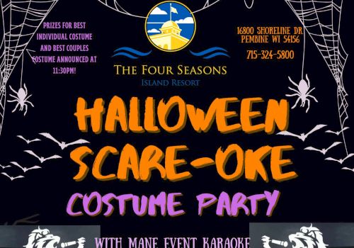 Halloween Scare-oke Costume Party poster for The Four Seasons Resort, October 31, 9 PM - Midnight, featuring karaoke and haunted vibes.