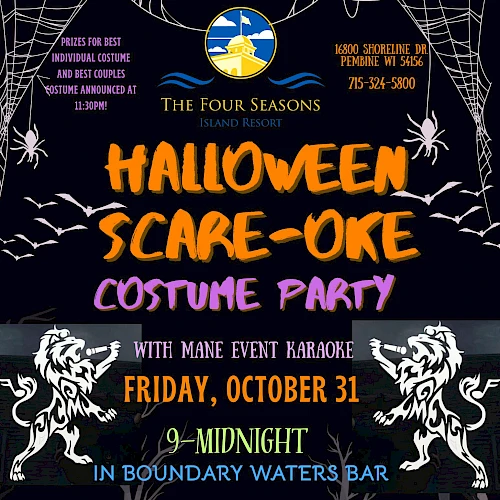 Halloween Scare-oke Costume Party poster for The Four Seasons Resort, October 31, 9 PM - Midnight, featuring karaoke and haunted vibes.