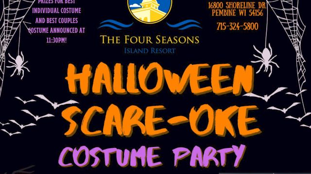 Halloween Scare-oke Costume Party poster for The Four Seasons Resort, October 31, 9 PM - Midnight, featuring karaoke and haunted vibes.